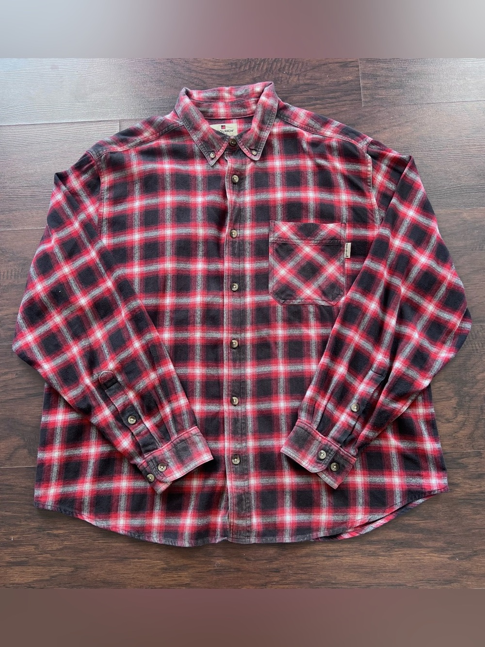 Woolrich Mens XL Flannel Shirt Red Black White Plaid Button Up Cotton Pocket